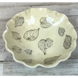 Signed Studio Pottery Bowl Leaf Imprint Cream Glaze Wavy Rim Handmade Ceramic